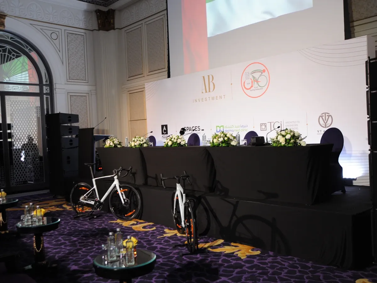 UAE Cycling Federation and AB Investment press conference stage by White & Black at Palazzo Versace Dubai